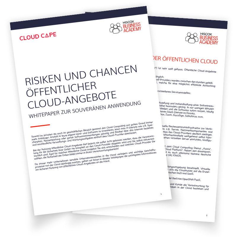 Zwei überlappende Seiten eines Dokuments der Hiscox Business Academy mit dem Titel „CLOUD CAPE“. Sichtbar ist die Seite „Risiken und Chancen öffentlicher Cloud-Angebote – Whitepaper zur souveränen Anwendung“.