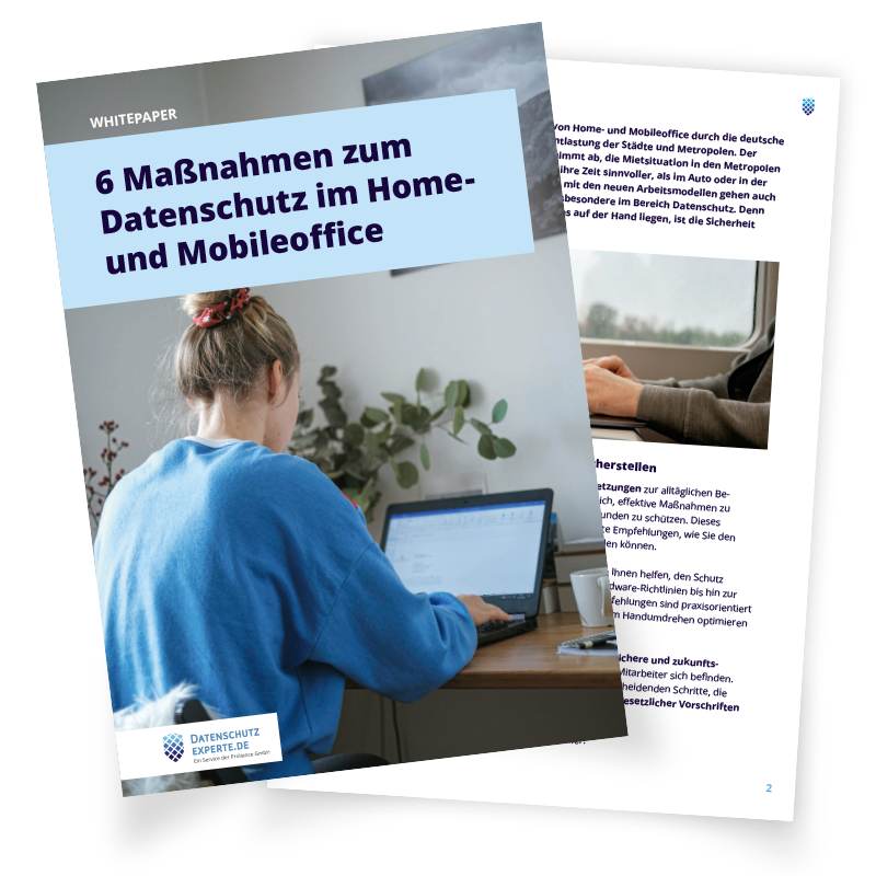Whitepaper mit dem Titel „6 Maßnahmen zum Datenschutz im Home- und Mobileoffice“ von datenschutzexperte.de, darüber ein Bild einer Person am Laptop mit Pflanzen im Hintergrund; dahinter ein teilweise sichtbares Dokument mit deutschem Text.