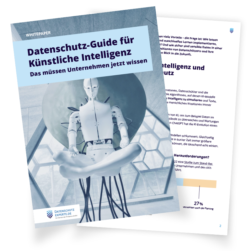 Whitepaper mit meditierendem Roboter zum Thema Datenschutz bei KI.