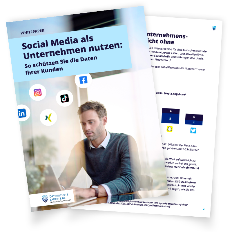 Whitepaper mit dem Titel „Social Media als Unternehmen nutzen: So schützen Sie die Daten Ihrer Kunden“ mit Icons von Instagram, LinkedIn, TikTok und Facebook.