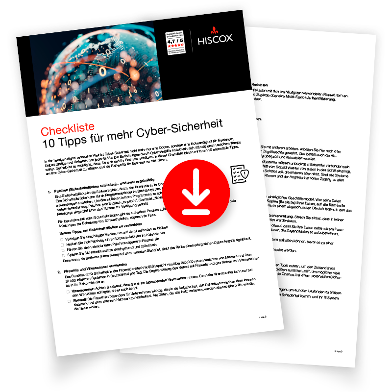 Zwei sich überlappende Seiten mit dem Titel ‚10 Tipps für mehr Cybersicherheit‘ und dem Bild eines digitalen Globus. Enthält Tipps zur Cybersicherheit und ein rotes Download-Symbol.