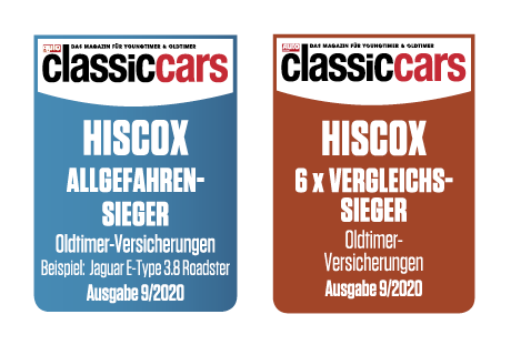 Zwei nebeneinanderliegende Titelseiten des Magazins „classic cars“: links in Blau mit dem Titel „ALLGEFAHREN-SIEGER“ und einem Jaguar E-Type 3.8 Roadster als Beispiel; rechts in Braun mit dem Titel „6 x VERGLEICHS-SIEGER“ – beide bewerben Oldtimer-Versicherungen von Hiscox, Ausgabe 9/2020.