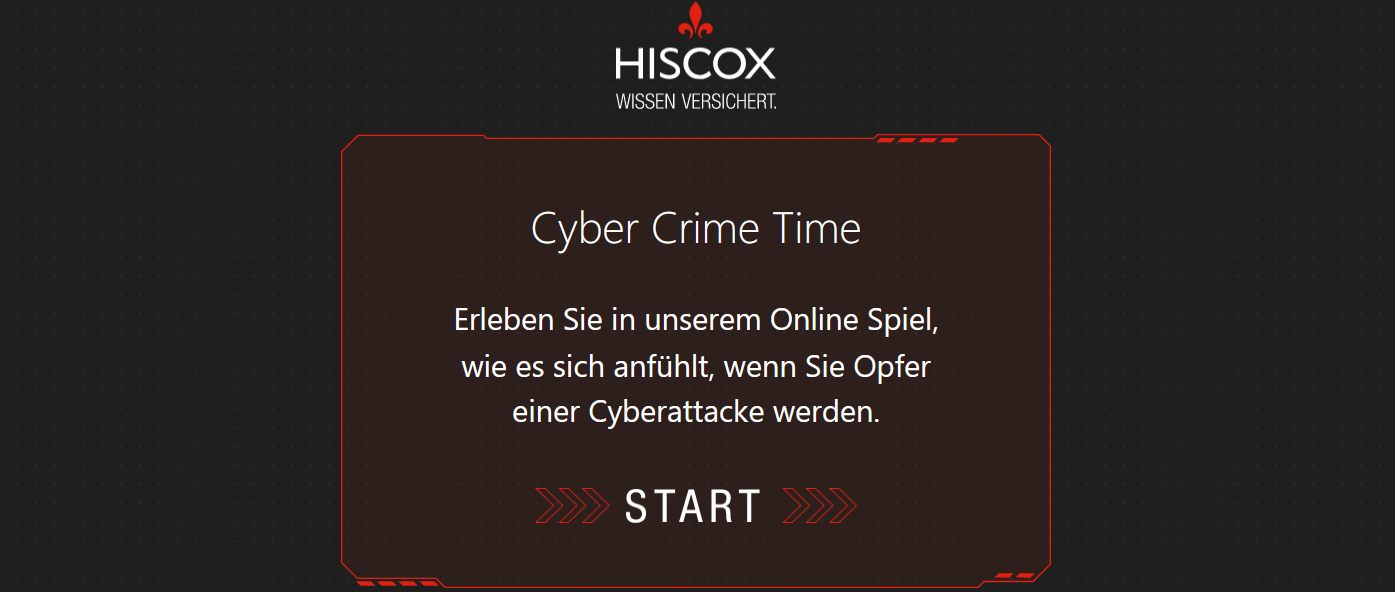 Startseite des Hiscox Cyber Crime Time Spiels