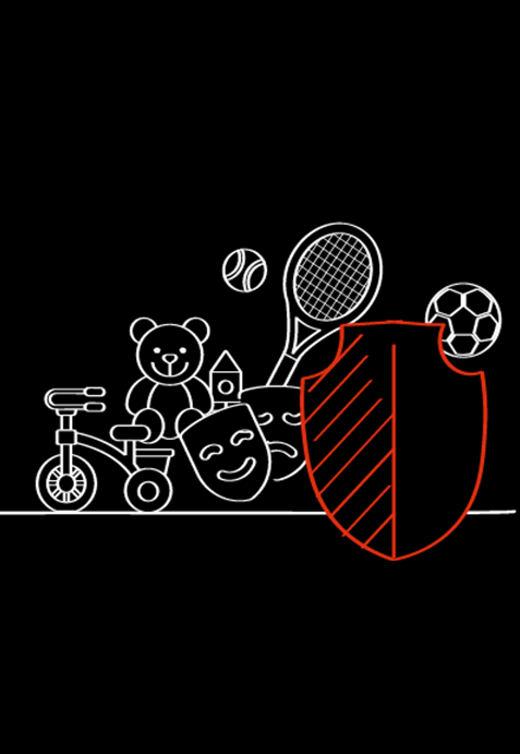 Verschiedene weiße und rote Umrisszeichnungen auf schwarzem Hintergrund, darunter Teddybär, Dreirad, Spielzeughaus, Theatermasken, Tennisschläger, Bälle und ein oranges Schild.