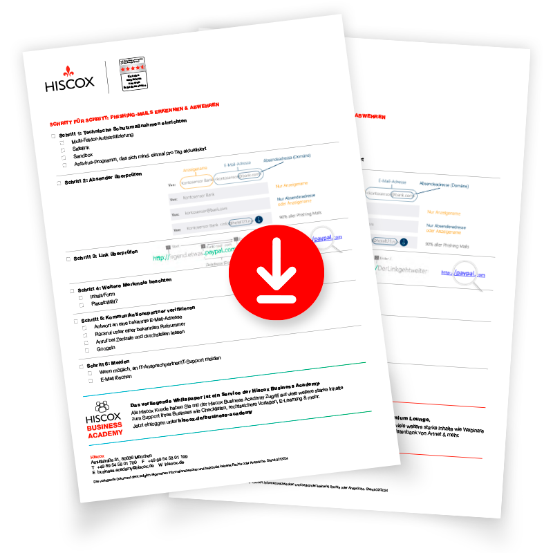 Vorschau der kostenlosen Checkliste zur Erkennung von Phishing, die auf der Seite von Hiscox gedownloaded werden kann