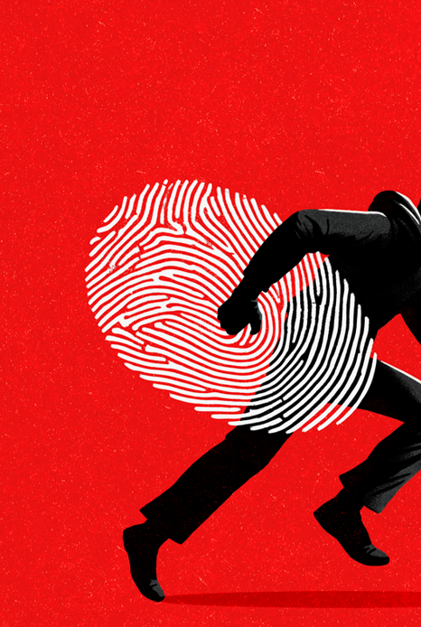 Eine Illustration zeigt eine Person in einem schwarzen Anzug, die nach rechts rennt. Hinter der Person ist ein großer weißer Fingerabdruck auf rotem Hintergrund zu sehen, der teilweise den Körper der Person überlappt