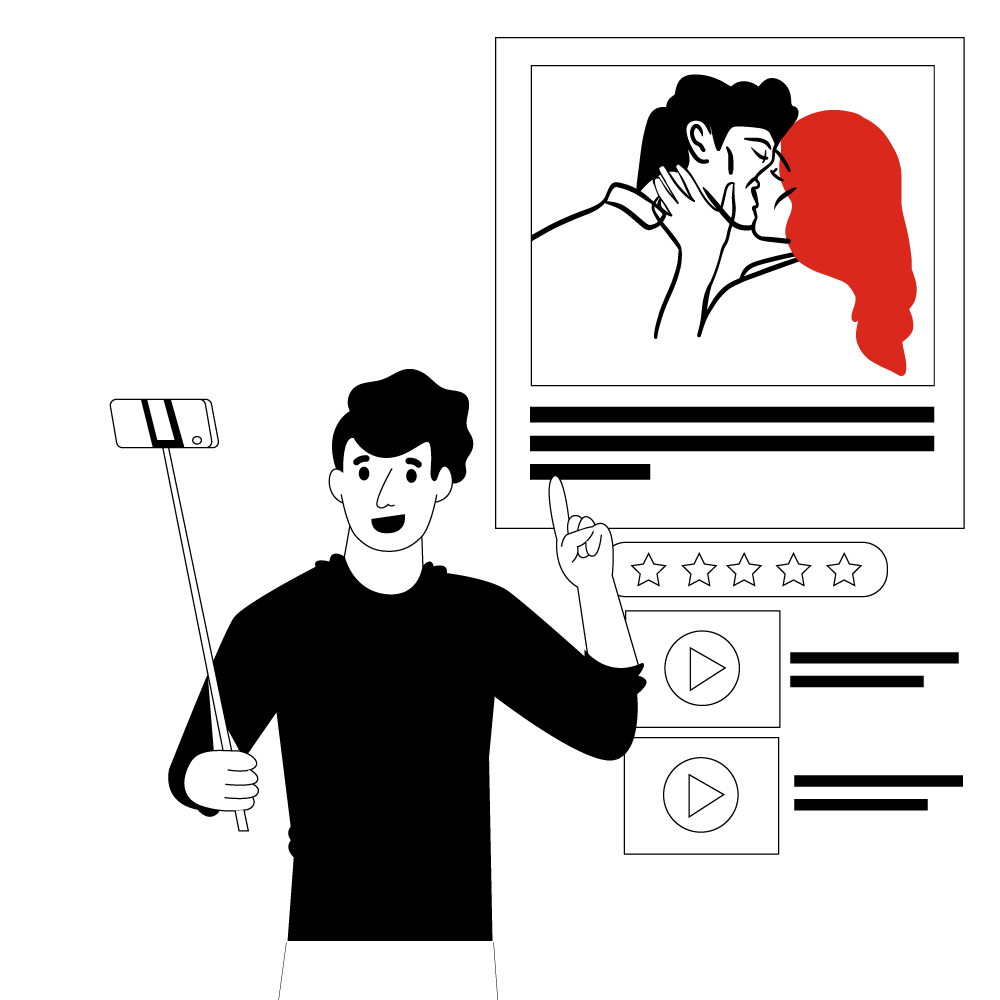 Eine Person hält einen Selfie-Stick mit einem daran befestigten Smartphone, das auf eine Illustration von zwei küssenden Personen zeigt. Unter der Illustration befinden sich fünf Sterne zur Bewertung und zwei Play-Buttons, die wahrscheinlich auf Videoinhalte hinweisen