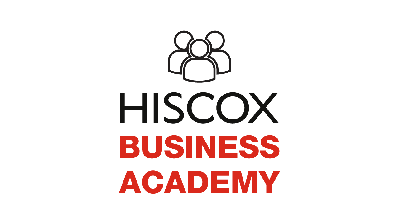 Logo der Hiscox Business Academy mit stilisierten Figuren und dem Schriftzug "Hiscox Business Academy" in schwarzer und roter Schrift