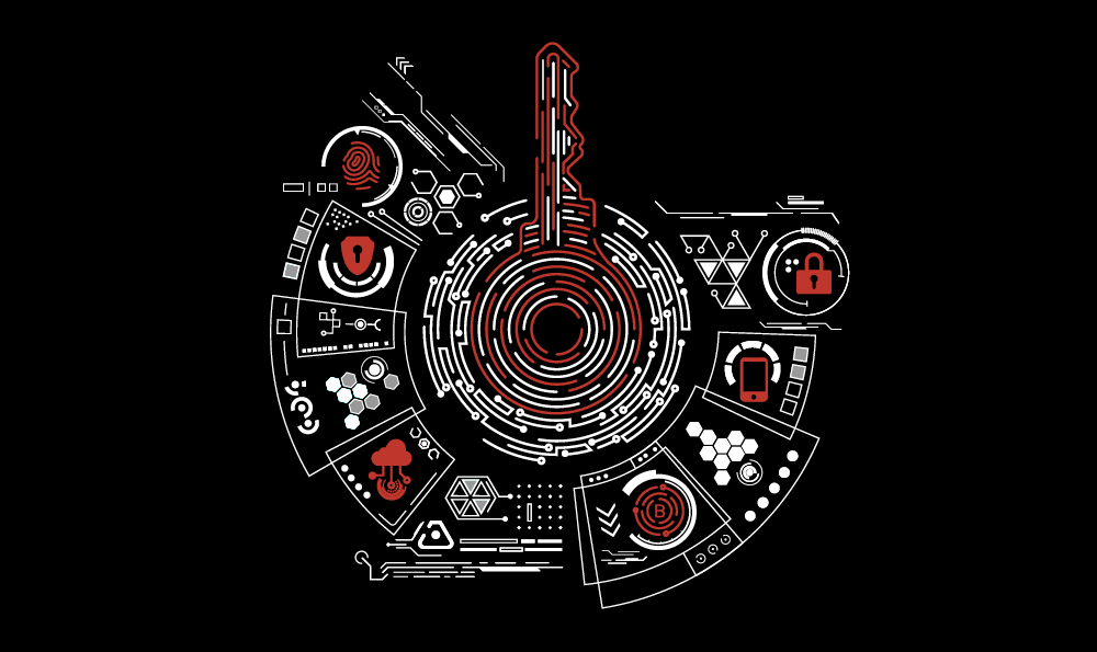 Futuristische Benutzeroberfläche mit einem großen Schlüsselsymbol in der Mitte, umgeben von Sicherheits-Symbolen wie Vorhängeschlössern und Schilden. Das Design verwendet rote und weiße Linien auf schwarzem Hintergrund