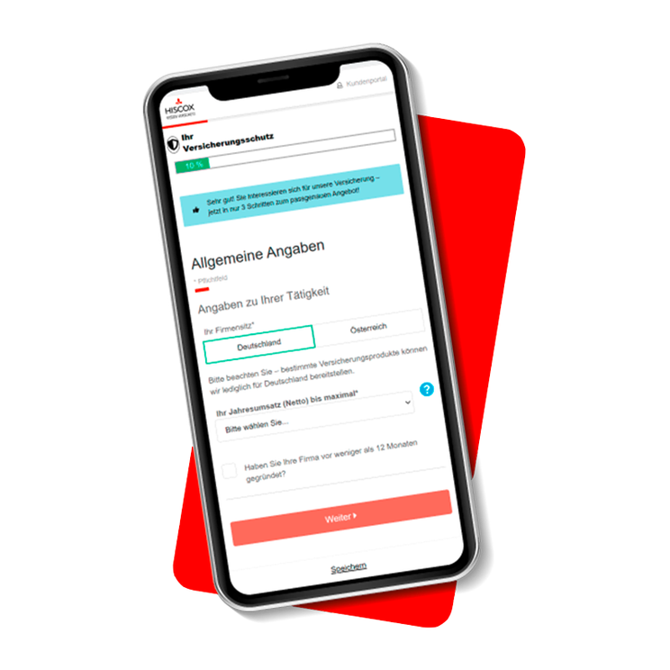 Auf dem Bildschirm eines Mobiltelefons ist die mobile Anwendung der Hiscox-Website zu sehen, auf der eine Versicherung abgeschlossen werden kann.
