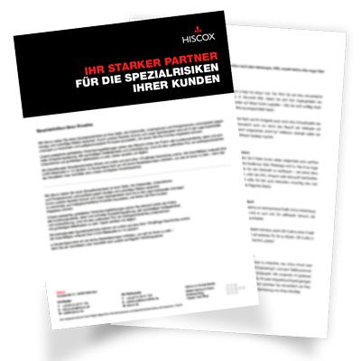 Zwei überlappende Seiten eines Dokuments. Die obere Seite trägt den Text: "IHR STARKER PARTNER FÜR DIE SPEZIALRISIKEN IHRER KUNDEN HISCOX". Darunter befindet sich weiterer Text, der jedoch zu klein ist, um ihn klar zu lesen