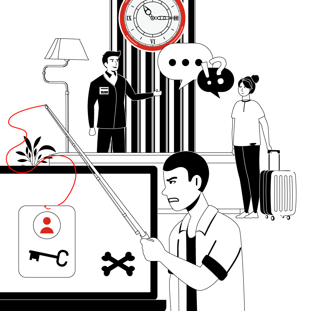 Eine Illustration zeigt eine Szene in einem Hotel. Ein Mann mit einem gestreiften Hemd benutzt einen Laptop, der mit einer Pflanze verbunden ist. Links steht eine Stehlampe, daneben ein Mann im Anzug, der auf eine Sprechblase zeigt. Rechts steht eine Frau mit einem Koffer