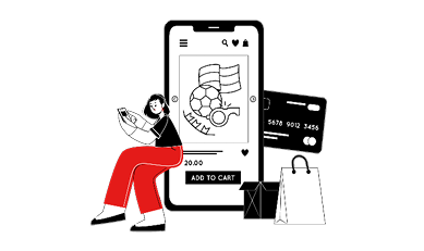 Eine Illustration zeigt einen Computerbildschirm mit einem Online-Shop, der ein Trikot und einen Fußball anzeigt. Daneben steht ein Einkaufswagen mit Paketen. Vor dem Bildschirm befindet sich ein Warnschild mit einem Totenkopf-Symbol