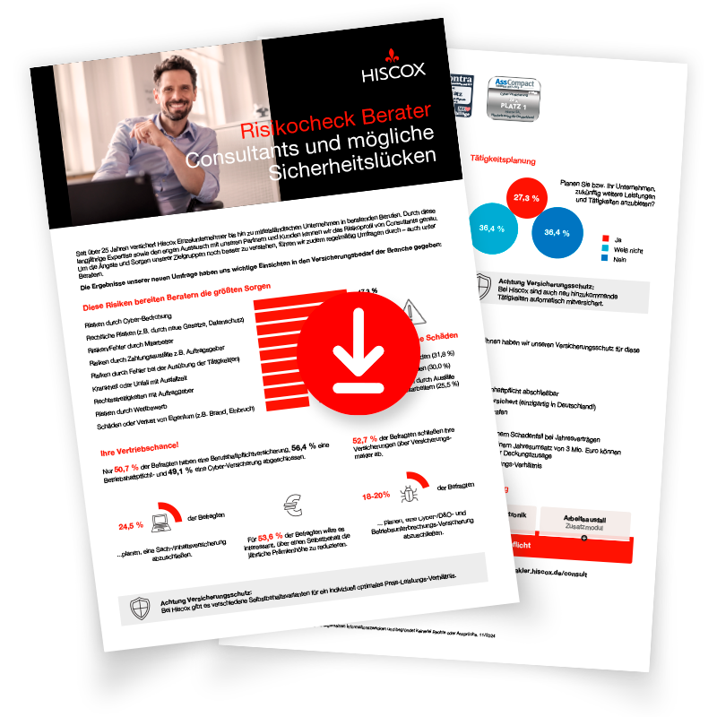 Zwei übereinanderliegende Dokumente, das obere zeigt einen Mann im Anzug mit einem Laptop. Der Titel des Dokuments lautet "Risiko Check Berater - Consultants und mögliche Sicherheitslücken". Ein großer roter Download-Button ist in der Mitte des Dokuments zu sehen