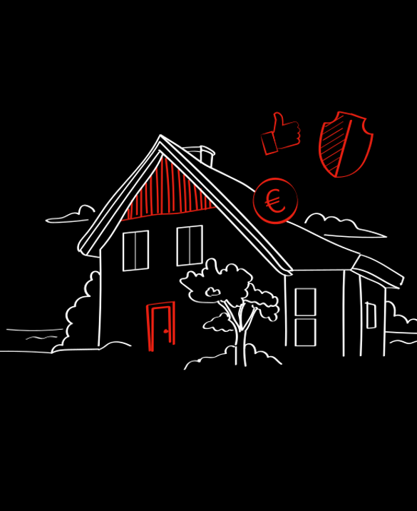 Eine stilisierte Zeichnung eines Hauses auf schwarzem Hintergrund. Das Haus hat ein spitzes Dach, zwei Fenster und eine Tür. Über dem Haus sind rote Symbole: ein Daumen-hoch-Zeichen, ein Schild und ein Euro-Symbol. Ein Baum steht vor dem Haus