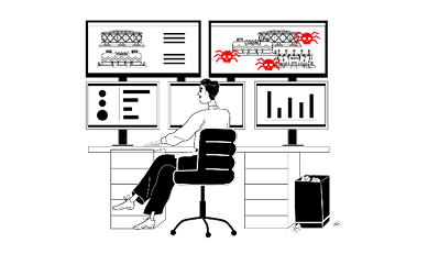 Eine Person sitzt an einem Schreibtisch mit fünf Monitoren. Zwei obere Monitore zeigen technische Diagramme mit roten Käfern, die auf Softwarefehler hinweisen. Die drei unteren Monitore zeigen verschiedene Grafiken und Diagramme. Ein Papierkorb steht neben dem Schreibtisch.