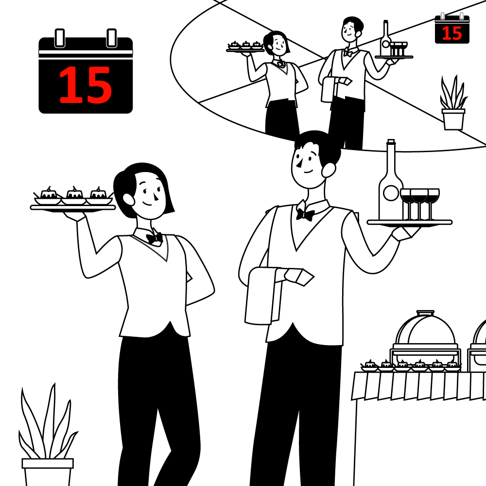 Zwei Kellner, einer mit einem Tablett mit Essen und der andere mit einem Tablett mit Getränken. Im Hintergrund ein Spiegel, der die Kellner und eine Person, die ein Foto macht, reflektiert. Ein Kalender zeigt die Zahl 15 in Rot. Pflanzen und Buffetgerichte sind ebenfalls zu sehen