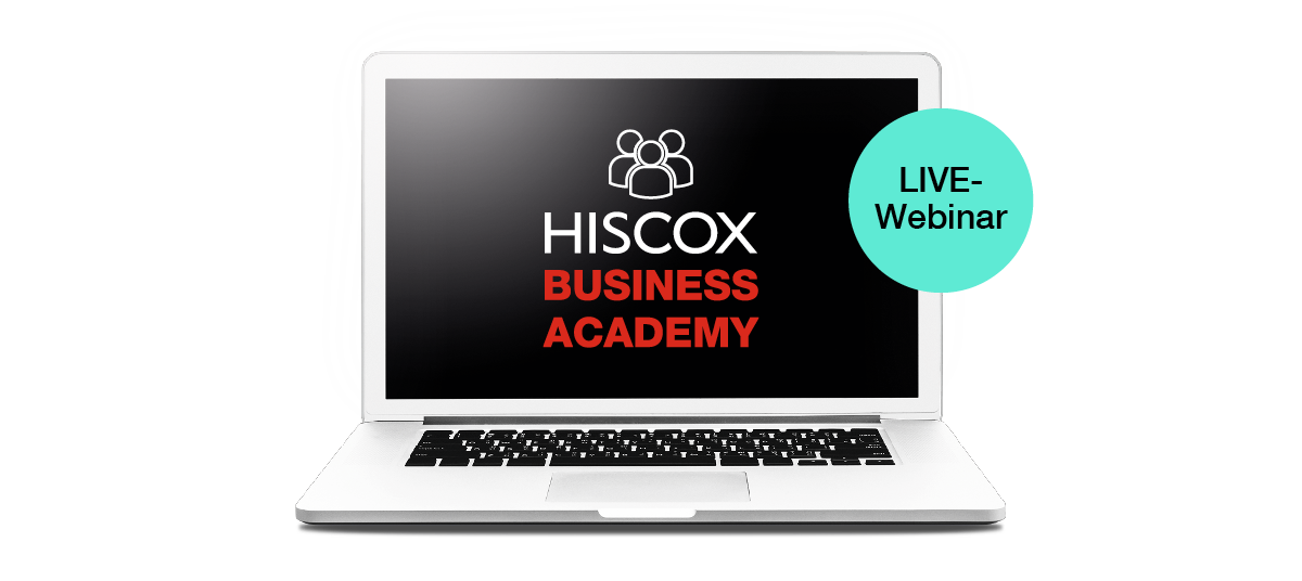Das Logo der Hiscox Business Academy sichtbar auf einem Laptop