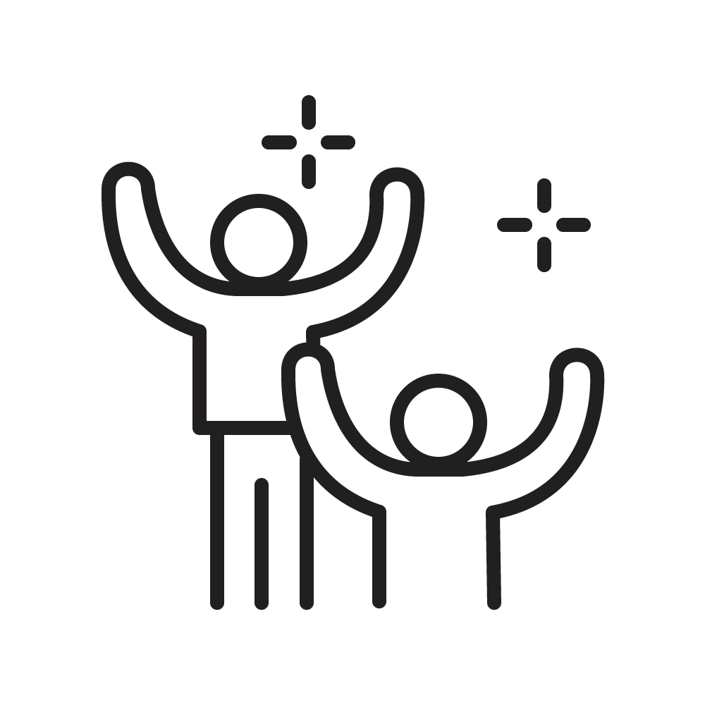 Icon von zwei Personen, die ihre Hände heben, symbolisiert Support und Unterstützung.