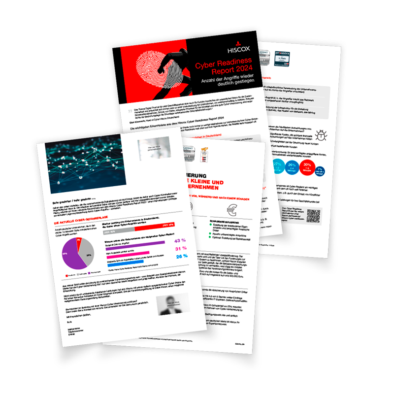 Das Bild zeigt vier Seiten eines Dokuments mit dem Titel "Hiscox Cyber Readiness Report 2024". Die erste Seite enthält den Titel, eine rote und schwarze Grafik sowie das Hiscox-Logo. 