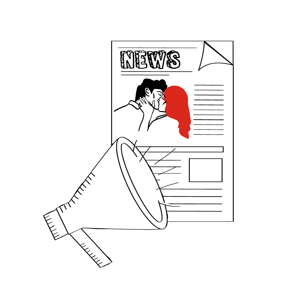 Ein Megafon ist auf eine Zeitung gerichtet, die ein Bild eines sich küssenden Paares zeigt. Das Wort 'NEWS' steht oben auf der Zeitung.