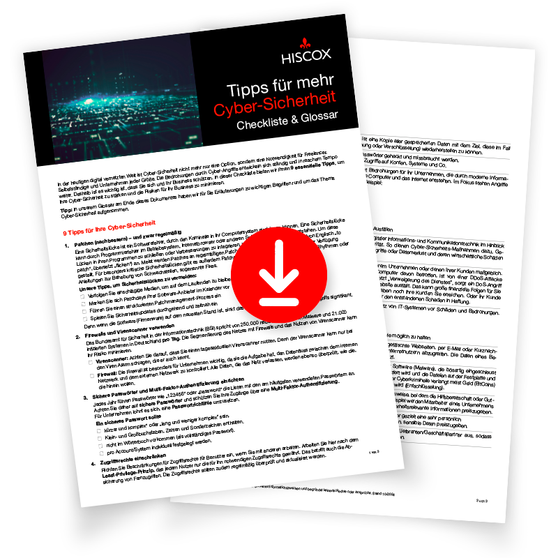 Zwei überlappende Seiten eines Dokuments mit dem Titel "Tipps für mehr Cyber-Sicherheit Checkliste & Glossar" von Hiscox.