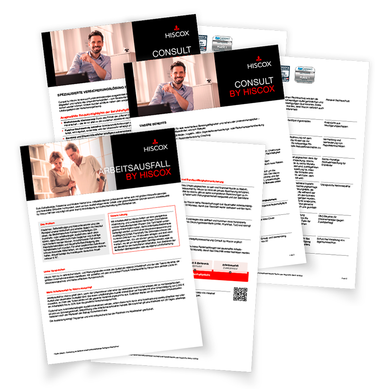 Ein Satz von vier Dokumenten, wobei das oberste Dokument das Logo "HISCOX" und das Wort "CONSULT" zeigt. Die Dokumente scheinen sich auf Versicherungs- oder Beratungsdienste von HISCOX zu beziehen. Ein Abschnitt trägt die Überschrift "ARBEITSAUSFALL BY HISCOX". Es gibt Bilder von Personen, die relevante Szenarien illustrieren.