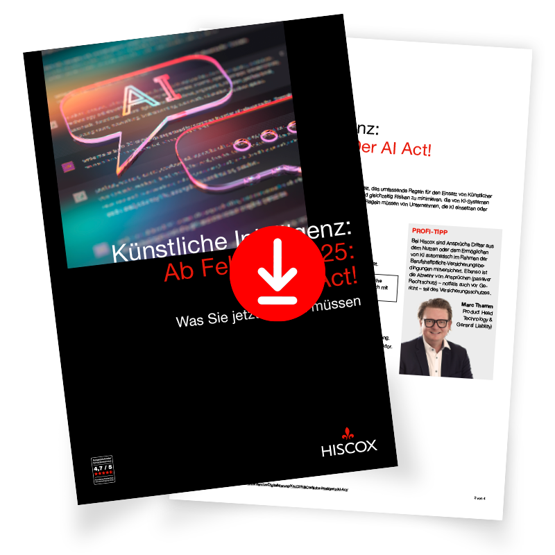 Zwei Seiten eines Dokuments oder Magazins. Die Vorderseite hat einen schwarzen Hintergrund mit einer Illustration einer Sprechblase, die die Buchstaben "AI" enthält, und digitalem Text im Hintergrund