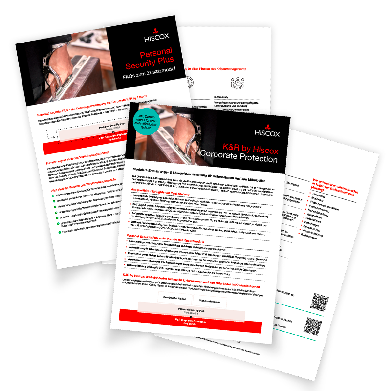 Drei überlappende Dokumente zu Hiscox-Versicherungsdiensten, Beide Dokumente enthalten deutschen Text zu verschiedenen Versicherungsdiensten und -merkmalen von Hiscox.