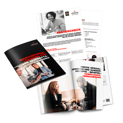 Mehrere aufgeschlagene und geschlossene Broschüren und Dokumente der Firma Hiscox, die verschiedene Versicherungsinformationen und -angebote darstellen