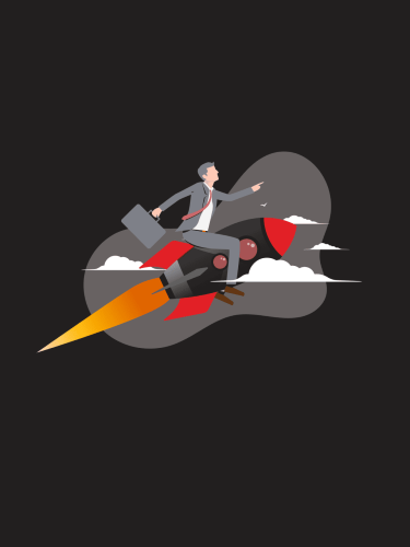 Person im Anzug reitet auf einer rot-schwarzen Rakete mit orangefarbener Flamme durch dunkle Wolken.