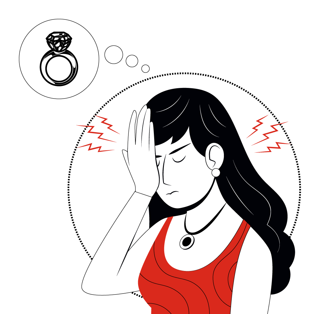 Eine Frau mit langen Haaren und einem roten Kleid hält sich den Kopf, während sie an einen Verlobungsring denkt. Rote Zickzack-Linien um ihren Kopf deuten auf Kopfschmerzen oder Stress hin.