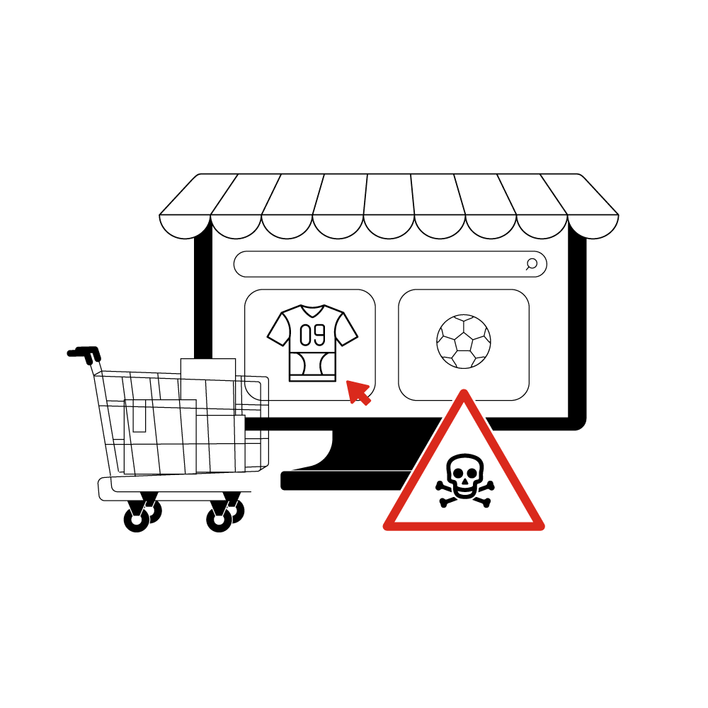 Eine Illustration zeigt einen Computerbildschirm mit einem Online-Shop, der ein Trikot und einen Fußball anzeigt. Daneben steht ein Einkaufswagen mit Paketen. Vor dem Bildschirm befindet sich ein Warnschild mit einem Totenkopf-Symbol