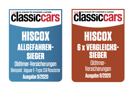 Zwei nebeneinanderliegende Titelseiten des Magazins „classic cars“: links in Blau mit dem Titel „ALLGEFAHREN-SIEGER“ und einem Jaguar E-Type 3.8 Roadster als Beispiel; rechts in Braun mit dem Titel „6 x VERGLEICHS-SIEGER“ – beide bewerben Oldtimer-Versicherungen von Hiscox, Ausgabe 9/2020.