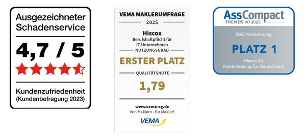 Die drei Top-Siegel von Hiscox für die D&O-Versicherung 2025, IT-Unternehmen-Versicherung 2025 und dem Schadenservice 2023.