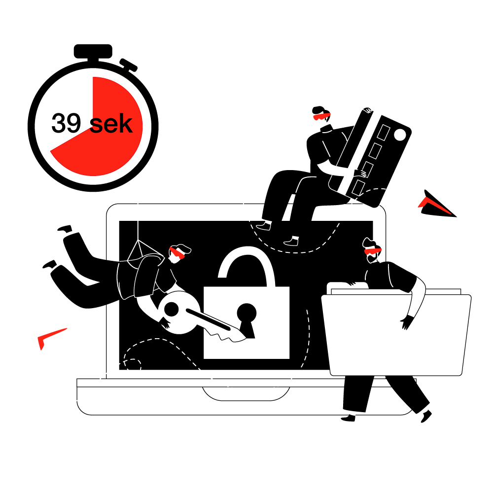 Eine Illustration zeigt drei stilisierte Figuren, die um einen Laptop herum agieren. Auf dem Bildschirm des Laptops ist ein großes Vorhängeschloss zu sehen. Eine Figur hält einen großen Schlüssel, eine andere trägt eine große Datei und die dritte hält ein großes Stück Hardware. Oben links in der Ecke befindet sich ein Stoppuhr-Symbol mit der Anzeige "39 sek"