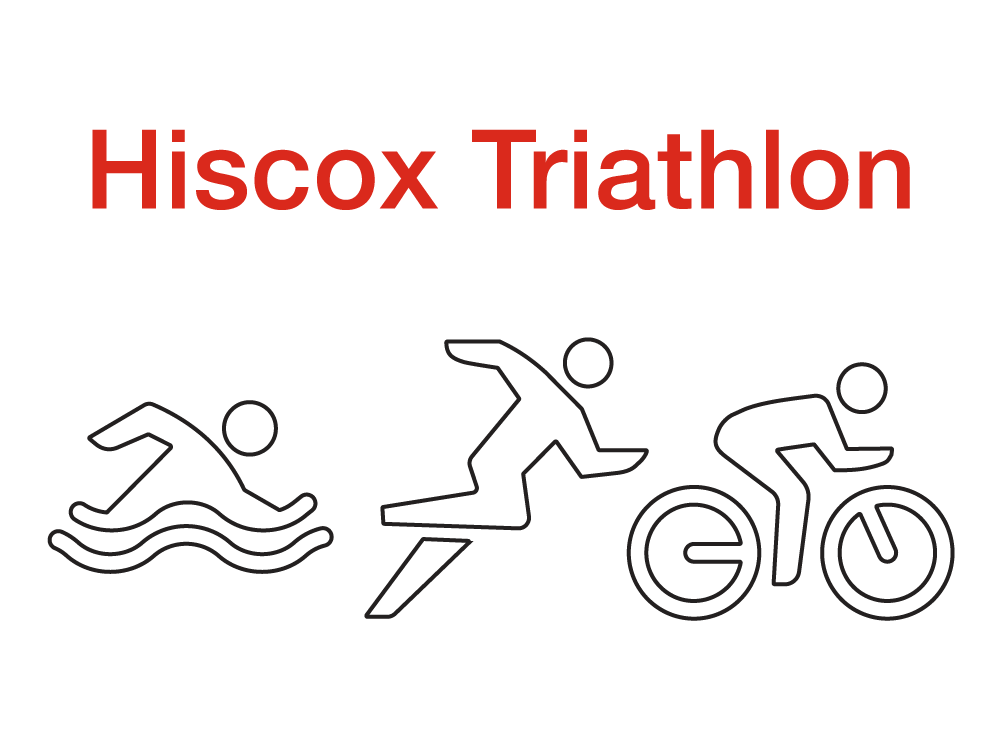 Hiscox Triathlon. Drei Piktogramme zeigen die Disziplinen Schwimmen, Laufen und Radfahren.