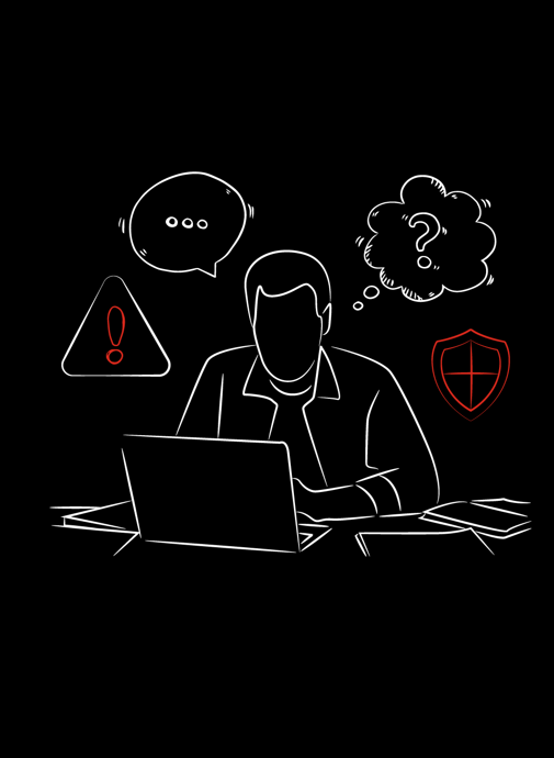 Person am Schreibtisch mit Laptop, umgeben von Symbolen wie Sprechblase, Fragezeichen, Warnzeichen und Schild; auf dem Tisch liegen verstreute Papiere.