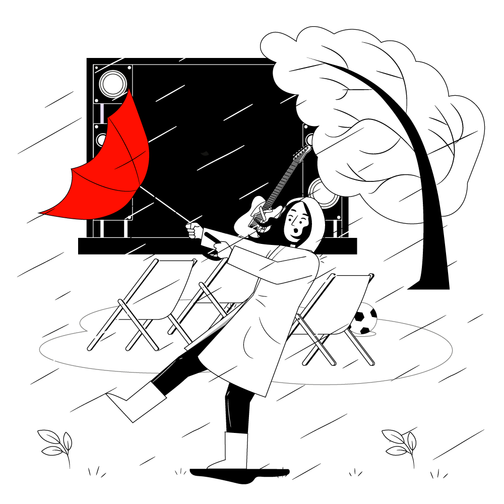 Eine Person in einem Regenmantel hält einen umgedrehten roten Regenschirm und kämpft gegen starken Wind. Im Hintergrund sind ein Baum, der sich im Wind biegt, eine Gitarre, die an einem schwarzen Bildschirm hängt, und einige umgefallene Stühle zu sehen. Ein Fußball liegt auf dem Boden.