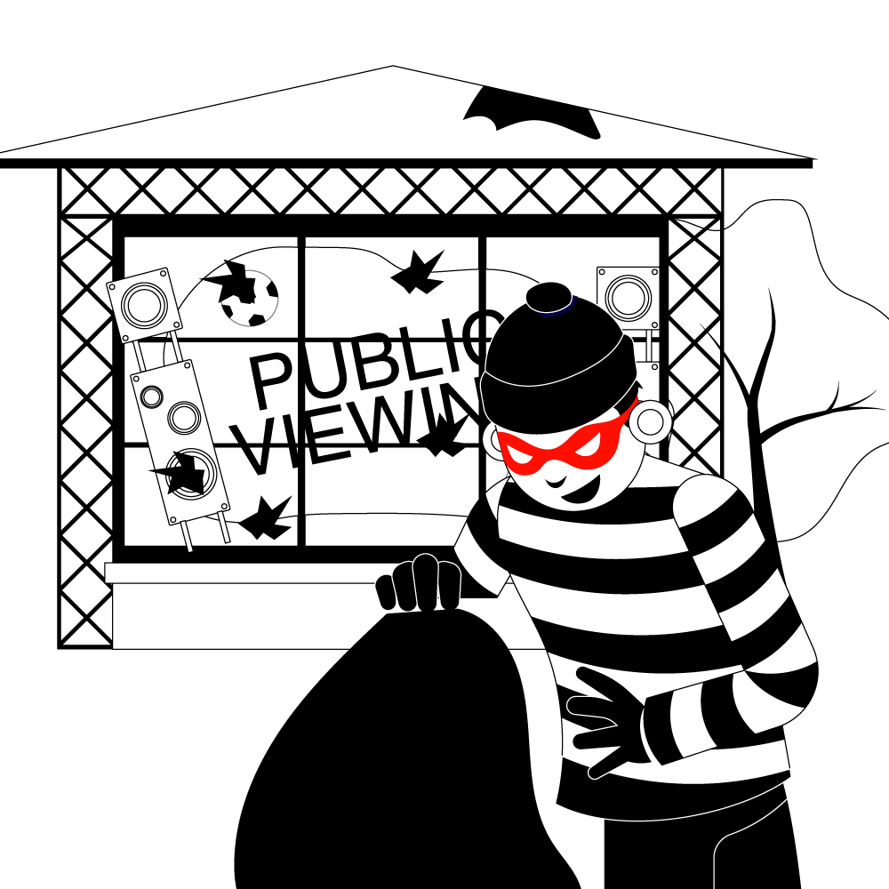 Ein Dieb mit einer schwarzen Maske und einem gestreiften Hemd hält einen Sack vor einem Fenster mit der Aufschrift 'PUBLIC VIEWING'. Im Hintergrund sind Lautsprecher und Dekorationen zu sehen