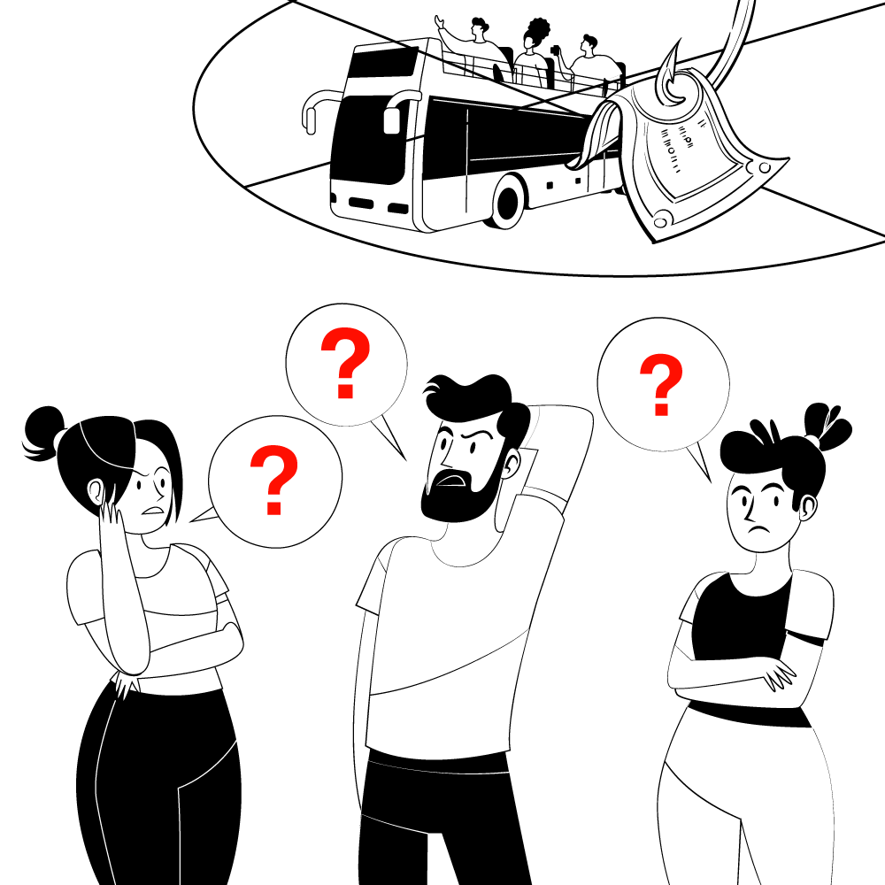 Eine Illustration zeigt drei Personen mit fragenden Gesichtsausdrücken und roten Fragezeichen über ihren Köpfen. Im Hintergrund ist ein Bus zu sehen, der von einem Haken angehoben wird.