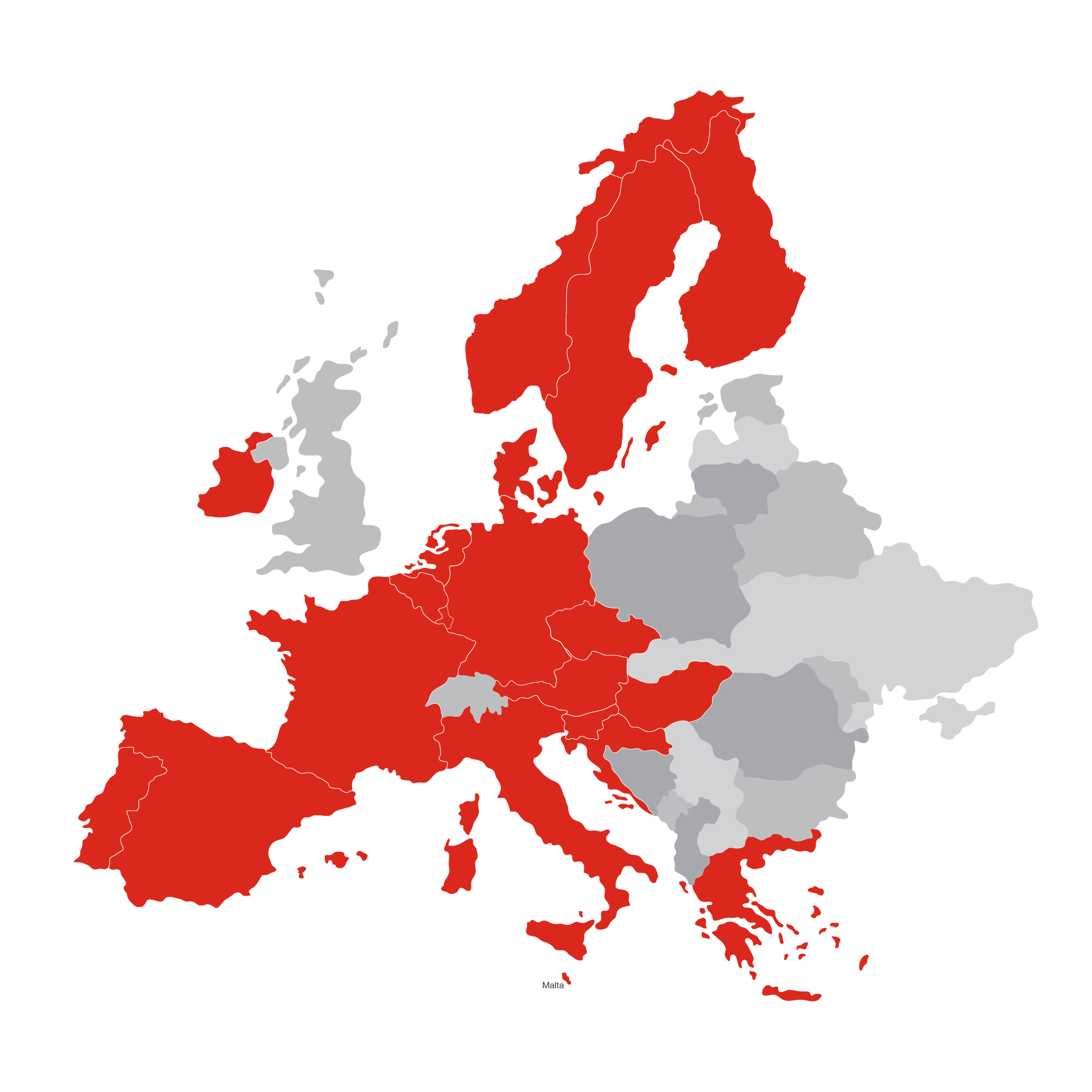 Karte von allen versicherten Ländern der Ferienimmobilienversicherung von Hiscox auf der Europakarte in rot markiert.