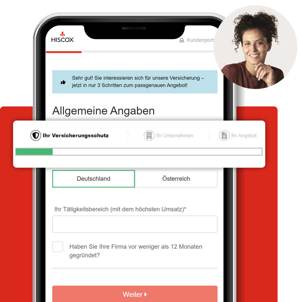 Smartphone zeigt Hiscox-Webseite mit Formular zur Versicherungsanfrage; Text auf Deutsch, roter ‚Weiter‘-Button und Auswahlfelder für Unternehmensangaben sichtbar.