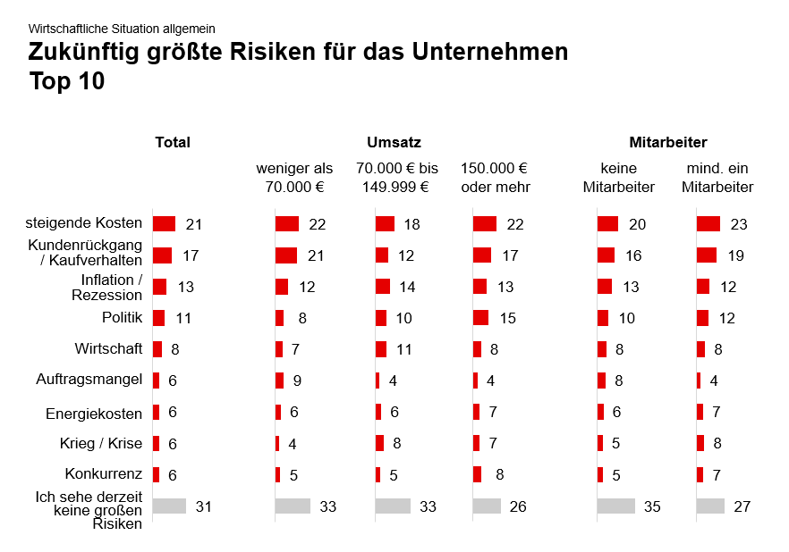 Balkendiagramm mit dem Titel ‚Zukünftig größte Risiken für das Unternehmen Top 10‘, zeigt Einschätzungen zu Risiken wie steigende Kosten, Kundenrückgang und Inflation, aufgeschlüsselt nach Umsatz- und Mitarbeiterkategorien.