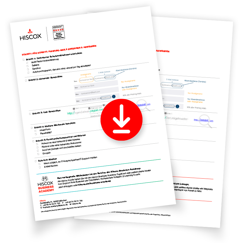 Vorschau der kostenlosen Checkliste zur Erkennung von Phishing, die auf der Seite von Hiscox gedownloaded werden kann