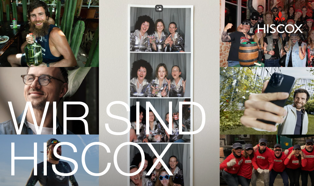 Eine Collage von Fotos, die verschiedene Menschen in unterschiedlichen Situationen zeigt. In der Mitte steht in großen weißen Buchstaben 'WIR SIND HISCOX'. Oben rechts ist das Logo von Hiscox zu sehen