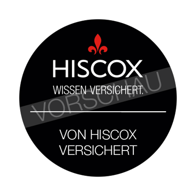 Ein rundes Logo mit dem Text 'HISCOX' und einem roten Fleur-de-Lis-Symbol darüber. Darunter steht 'WISSEN VERSICHERT.' und 'VON HISCOX VERSICHERT'. Ein Wasserzeichen mit 'VORSCHAU' verläuft quer über die Mitte.