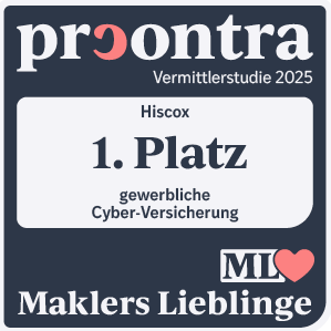 Auszeichnungssiegel mit der Aufschrift: "procontra Vermittlerstudie 2025 – Hiscox – 1. Platz – gewerbliche Cyber-Versicherung – Maklers Lieblinge"