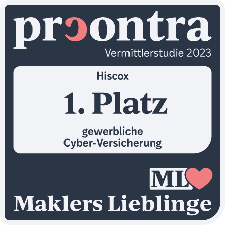 Abzeichen oder Auszeichnung mit der Aufschrift: ‚procontra Vermittlerstudie 2023 – Hiscox – 1. Platz – gewerbliche Cyber-Versicherung – Maklers Lieblinge‘.