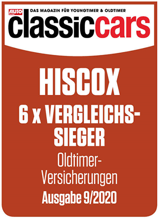 Titelseite des Siegels ‚Auto Classic Cars‘ mit rotem Hintergrund. Darauf steht: ‚HISCOX – 6 x VERGLEICHS-SIEGER – Oldtimer-Versicherungen